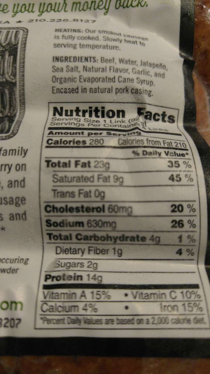 Kiolbassa Smoked Beef Sausage Calories, Nutrition Analysis & More