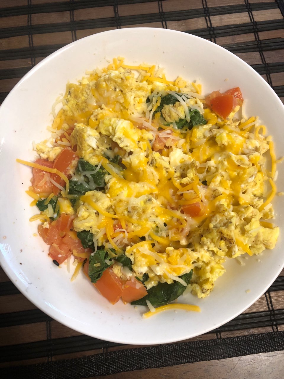 Breakfast today is eggs tomatoes spinach and cheese Fooducate Diet