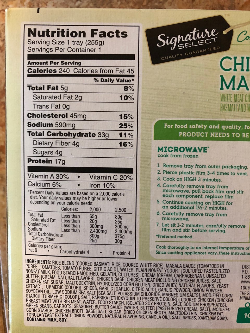 Safeway Select Chicken Tikka Masala Calories, Nutrition Analysis
