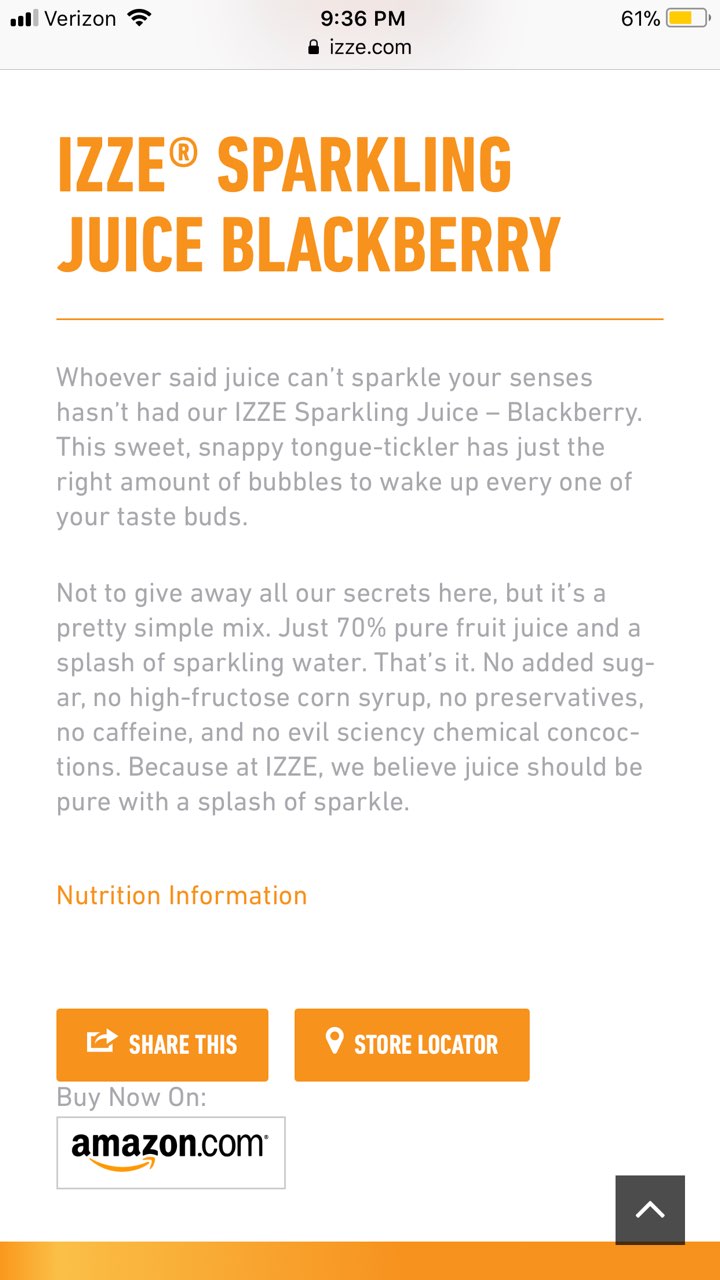 Izze Juice Beverage, Sparkling Blackberry Calories, Nutrition Analysis