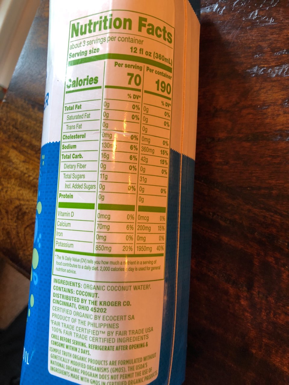 Simple Truth Organic Original Coconut Water Calories, Nutrition