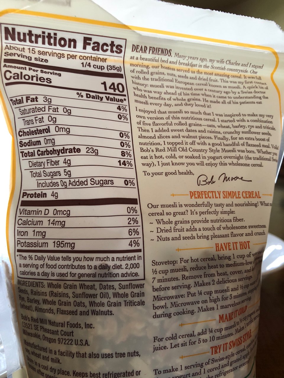 Bob's Red Mill Muesli, Old Country Style Calories, Nutrition Analysis