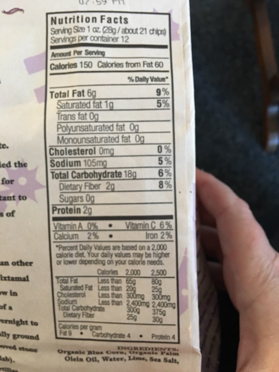 Xochitl Blue Corn Chips, Organic, Sea Salt Calories, Nutrition