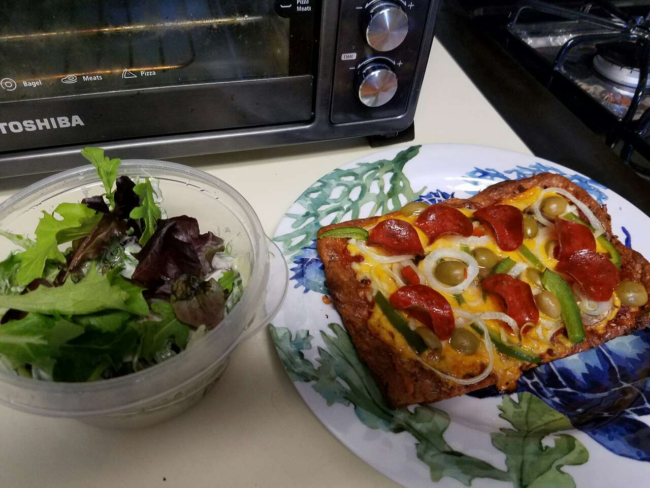 1st Keto Pizza with 5 cheese blend, mushrooms, Turkey Pepperoni, Green