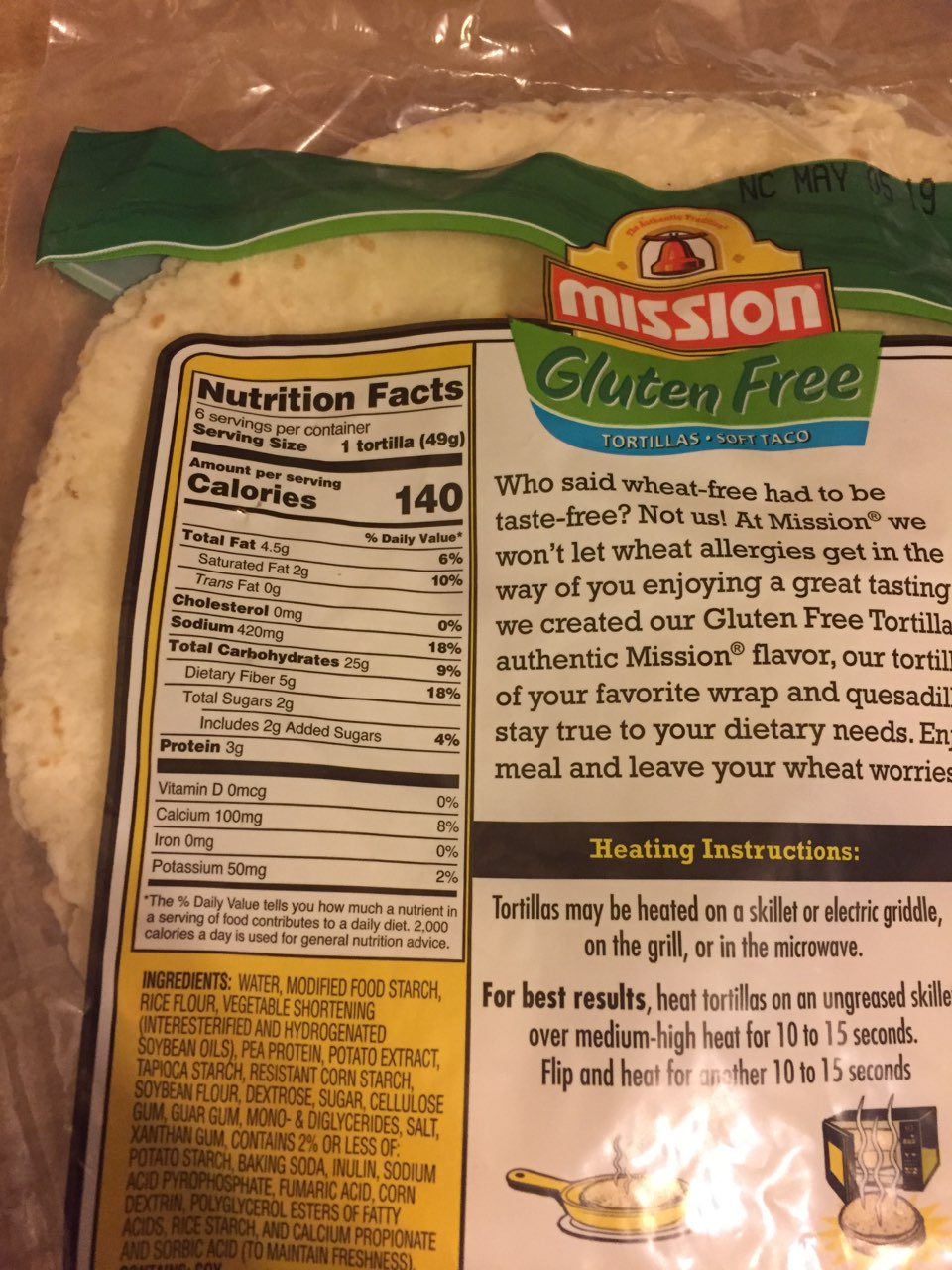Mission Tortillas, Gluten Free, Original Calories, Nutrition Analysis