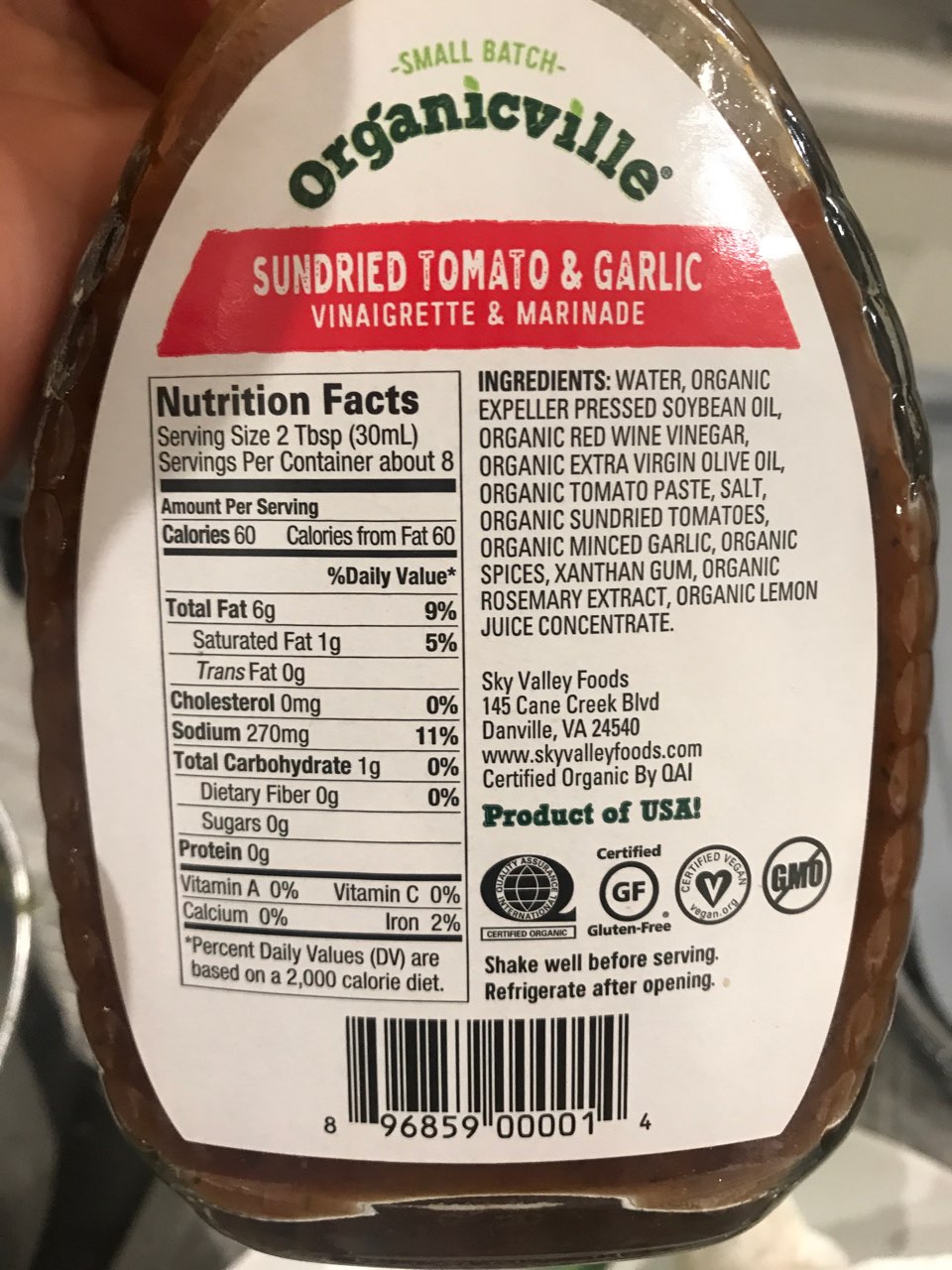 Organicville Organic Vinaigrette, Sun Dried Tomato & Garlic Calories