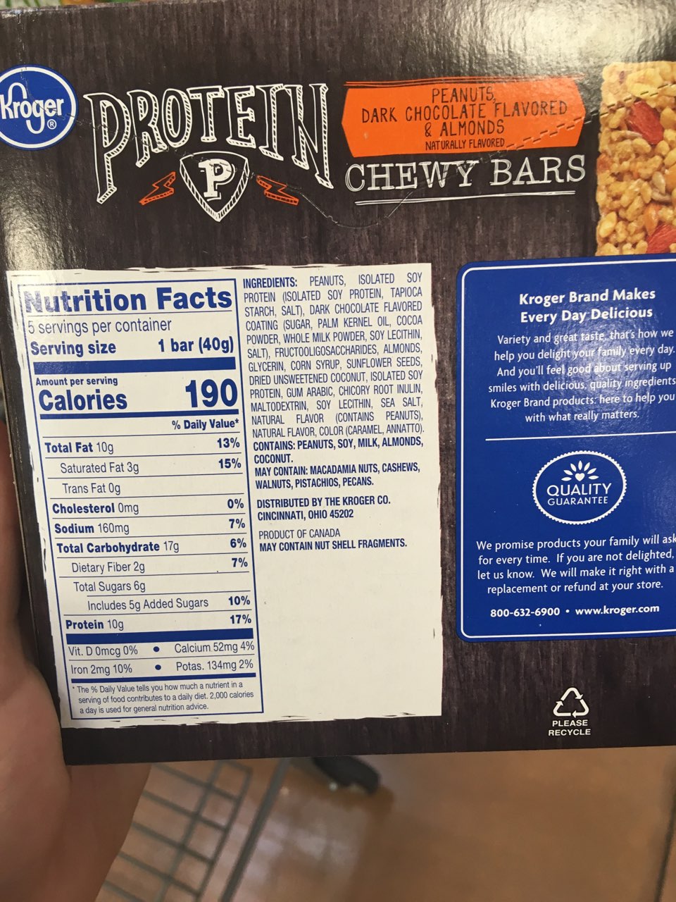 Kroger Protein Bars, Peanut, Dark Chocolate And Almonds Chewy Bars