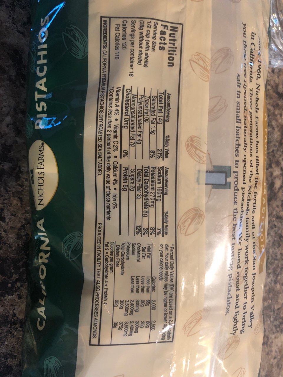 Nichols Farms Roasted & Salted Pistachios Calories, Nutrition Analysis