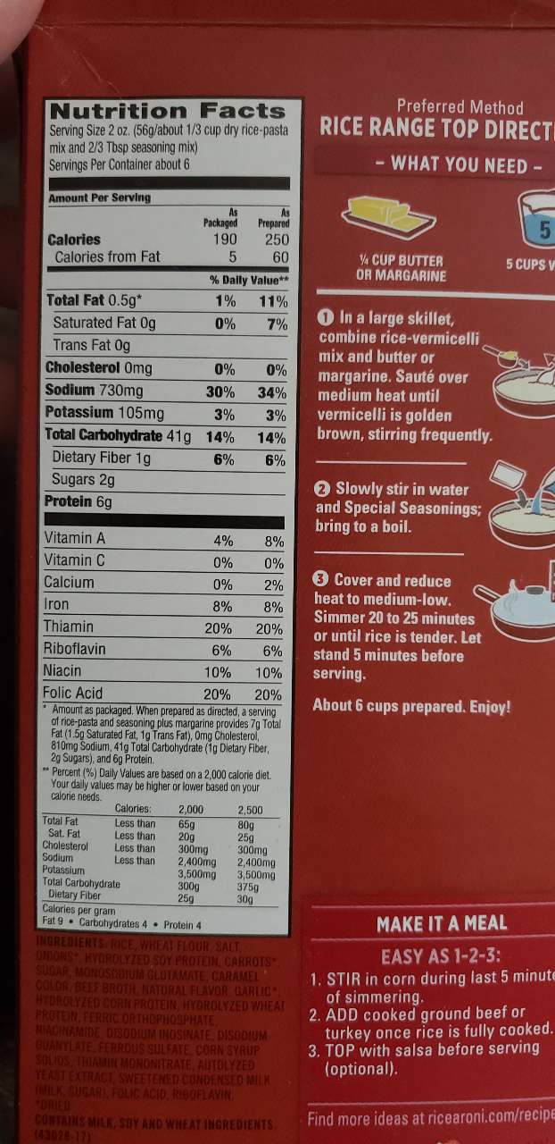 Rice Roni Beef Flavor Rice: Calories, Nutrition Analysis & More | Fooducate