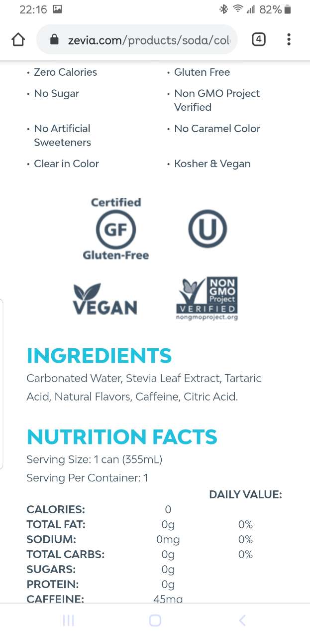 Zevia Mountain Zevia, All Natural Soda Calories, Nutrition Analysis
