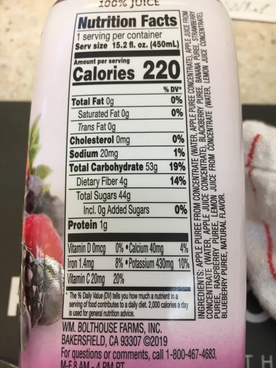Bolthouse Farms Fruit Juice Smoothie, Berry Boost Calories, Nutrition