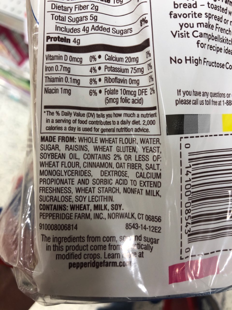 Pepperidge Farm Bread, Cinnamon with Raisins 100 Whole Wheat Calories