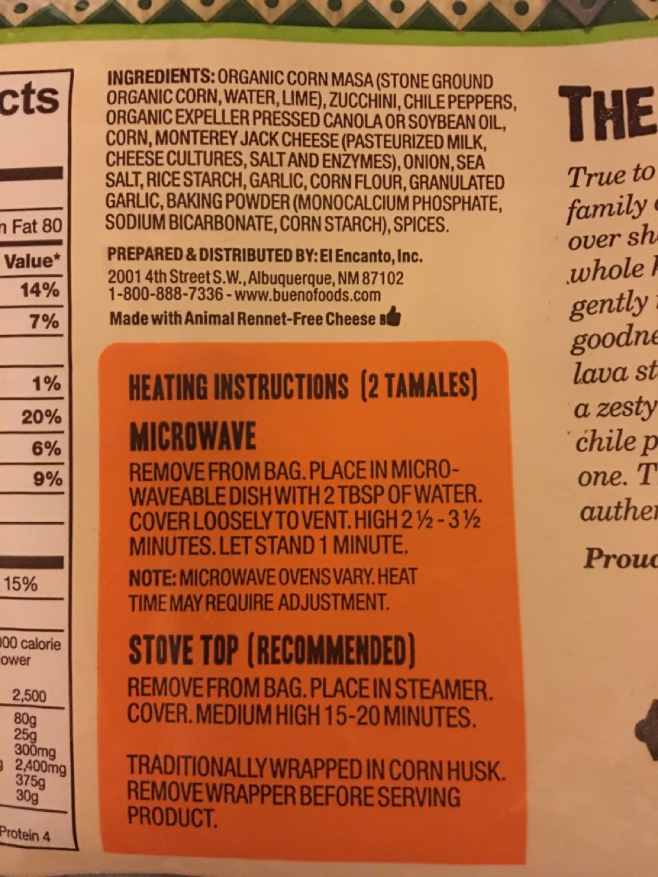 Buenatural Naturally Good New Mexican Cuisine Vegetarian Tamales, Green