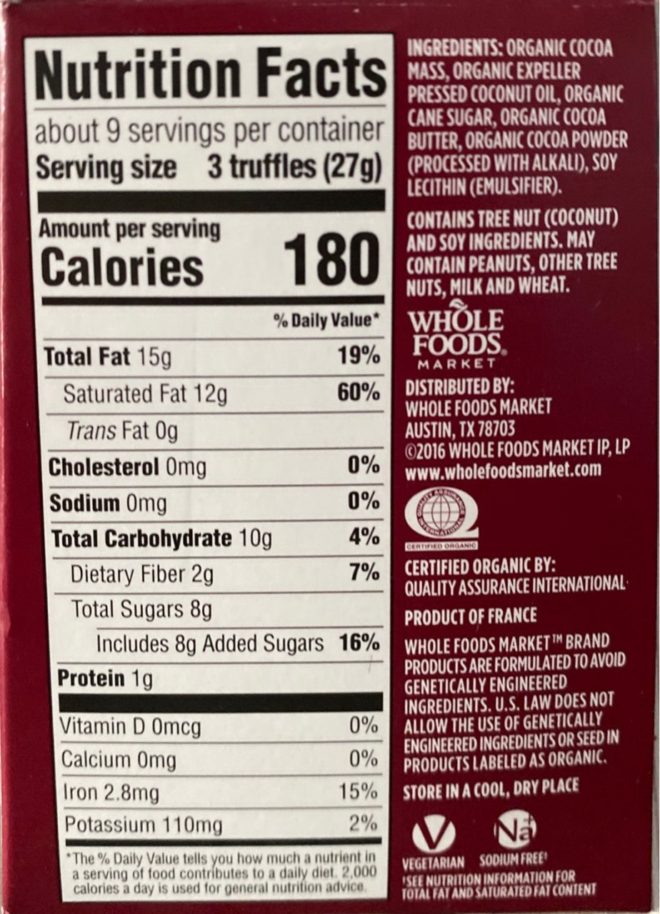 Whole Foods Market Chocolate Truffles Calories, Nutrition Analysis