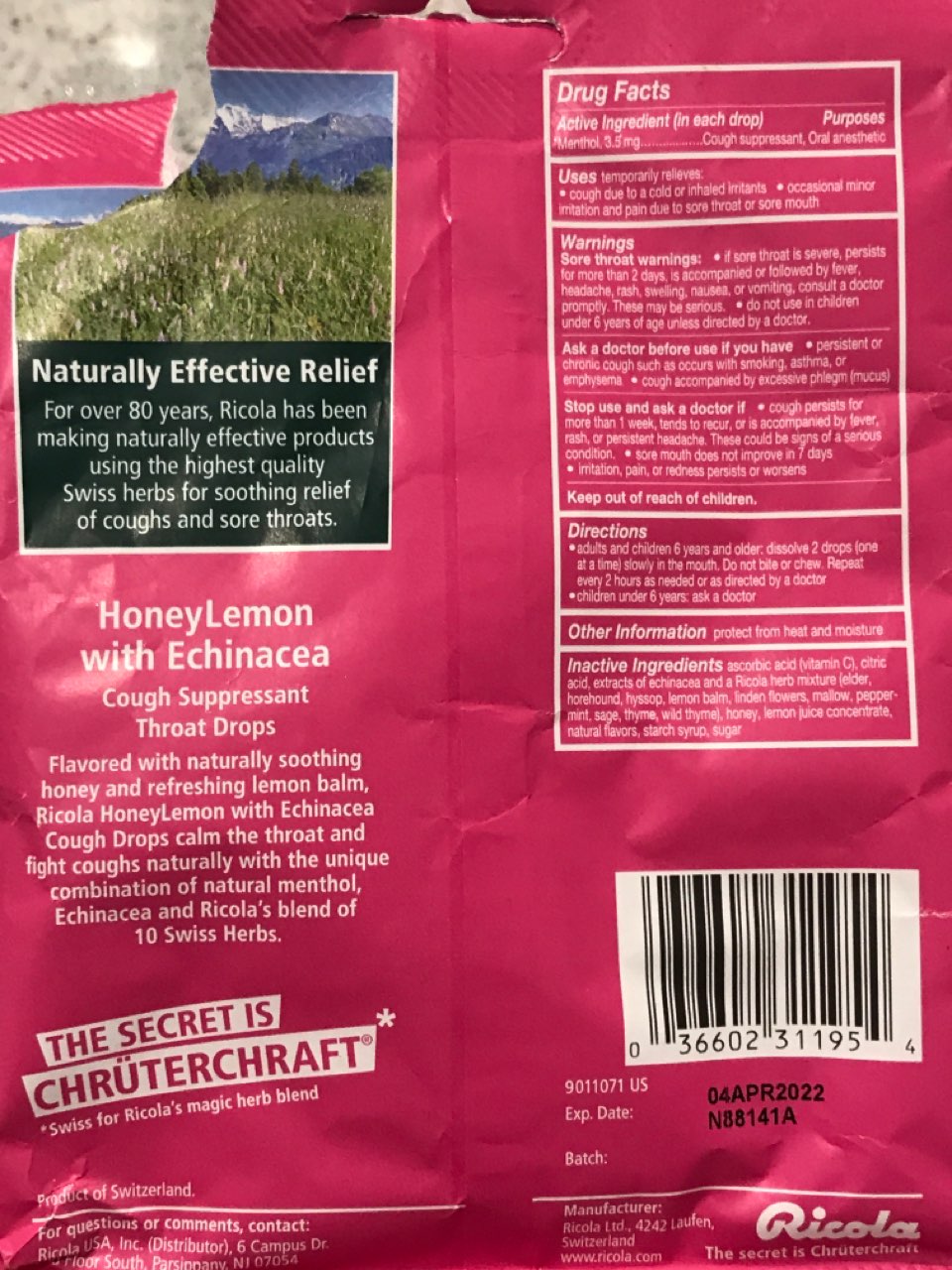Ricota Honey Lemon With Echinacea, Cough Suppressant, Throat Drops