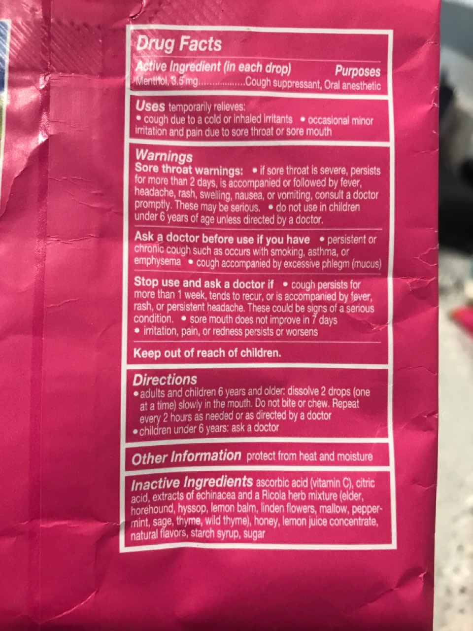 Ricota Honey Lemon With Echinacea, Cough Suppressant, Throat Drops