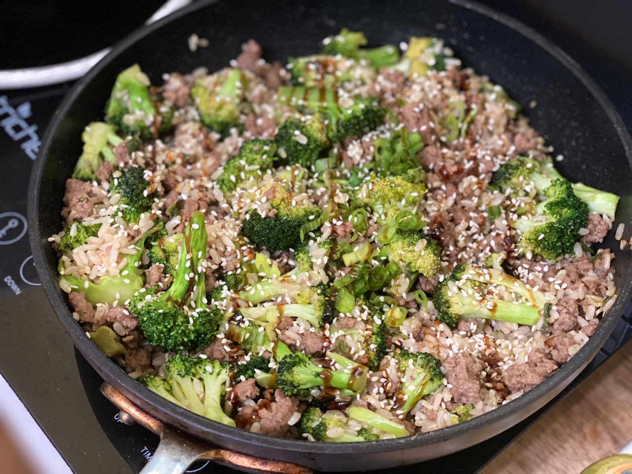 Broccoli beef rice. short grain brown rice organic grass fed ground