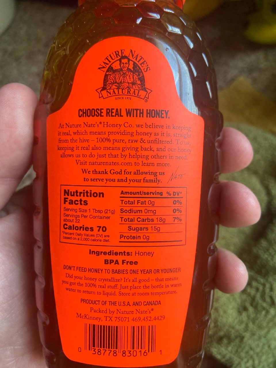 Nature Nate's Honey, 100 Pure, Raw & Unfiltered Calories, Nutrition