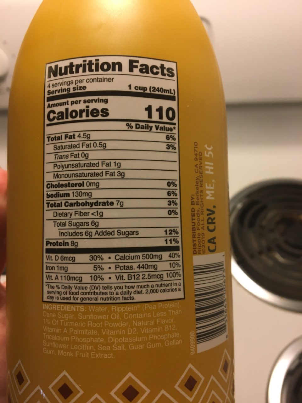 Ripple PlantBased Milk, Turmeric with Chai Flavor Calories, Nutrition