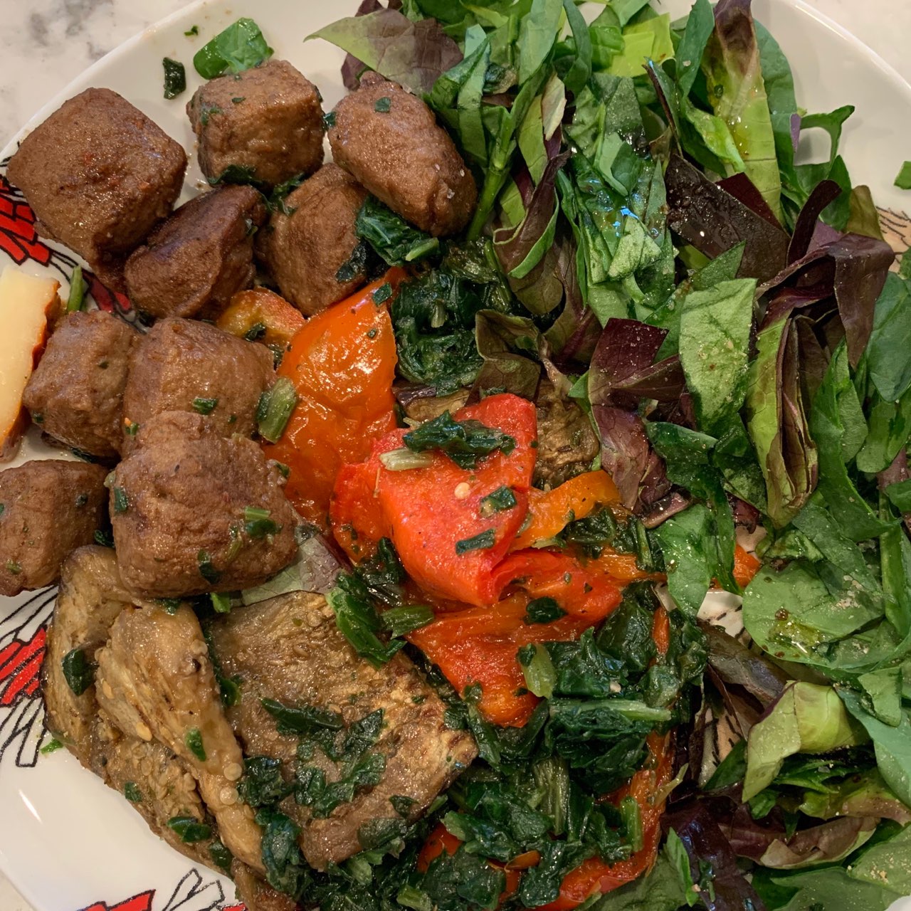 A lovely vegan dinner of beefless beef tips. Vegan if you don’t count