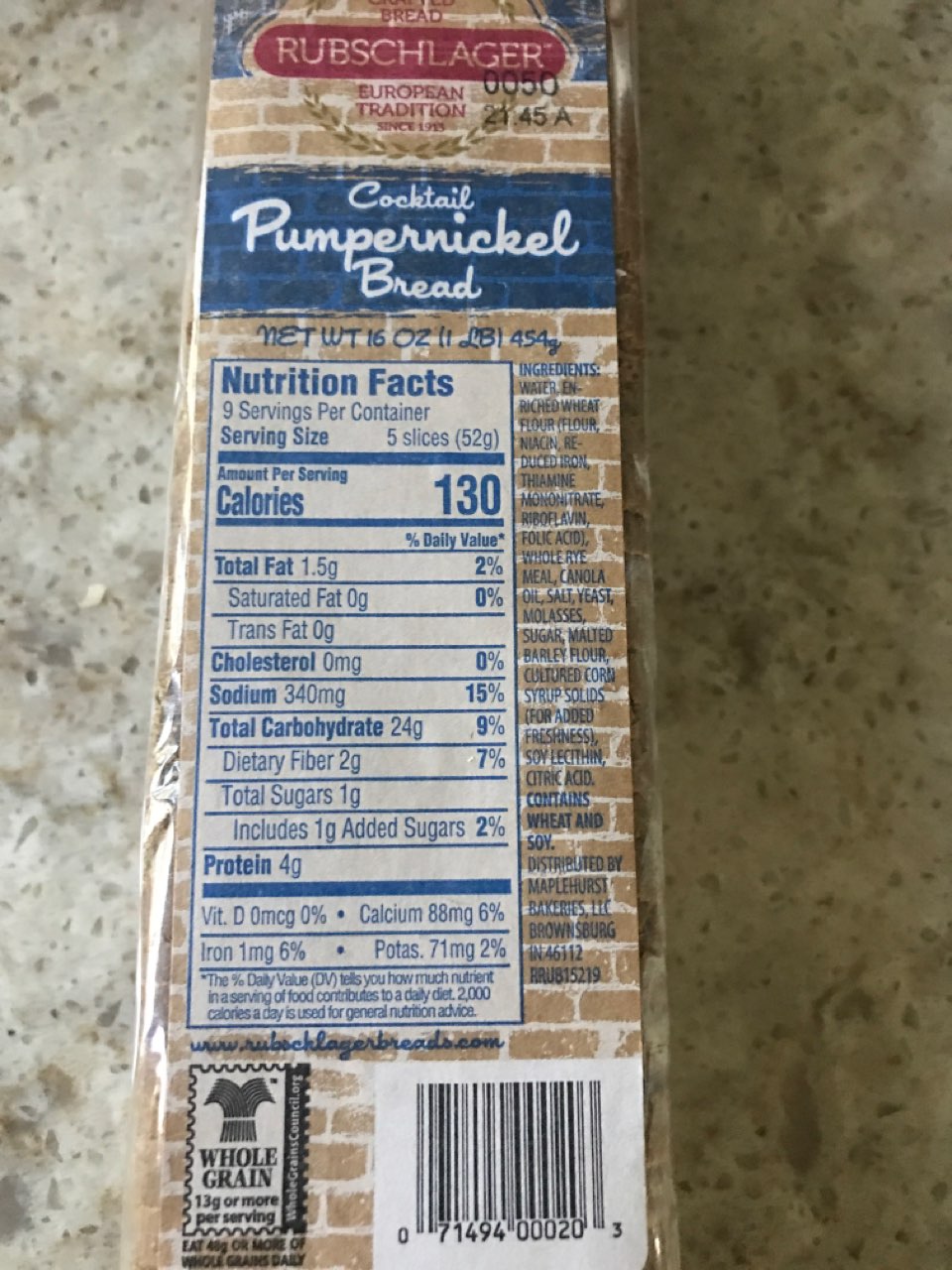 Rubschlager Cocktail Bread, Pumpernickel Calories, Nutrition Analysis