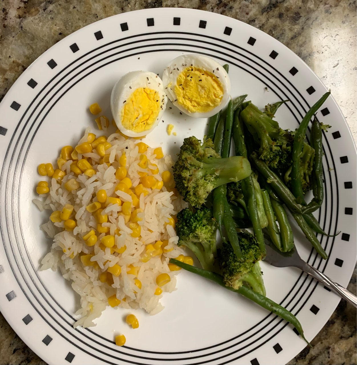 For lunch, a little bit of everything rice, broccoli and green beans