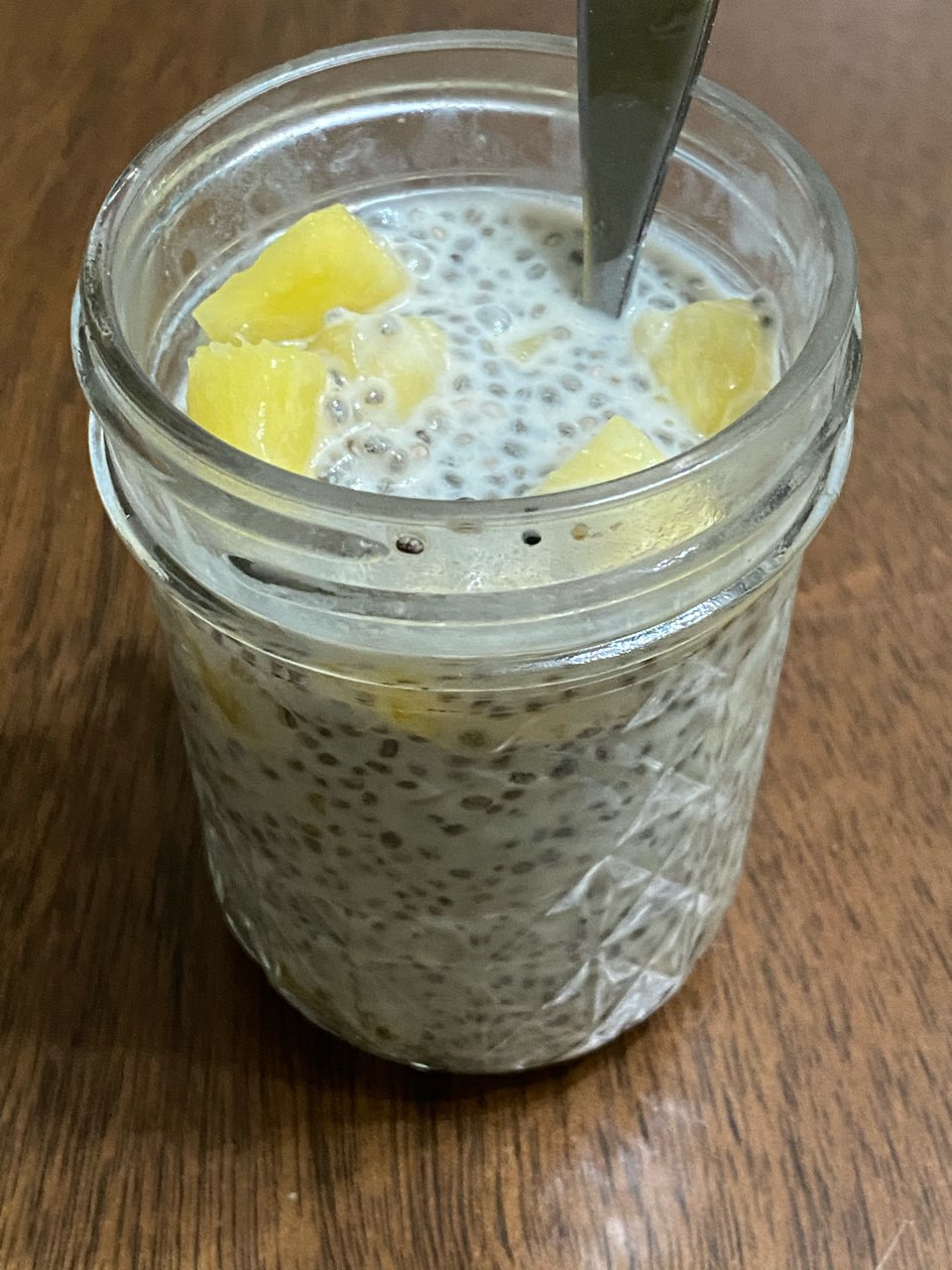 Chia pudding with pineapples! chia seeds plain oat milk maple syrup diced pineapple Honestly