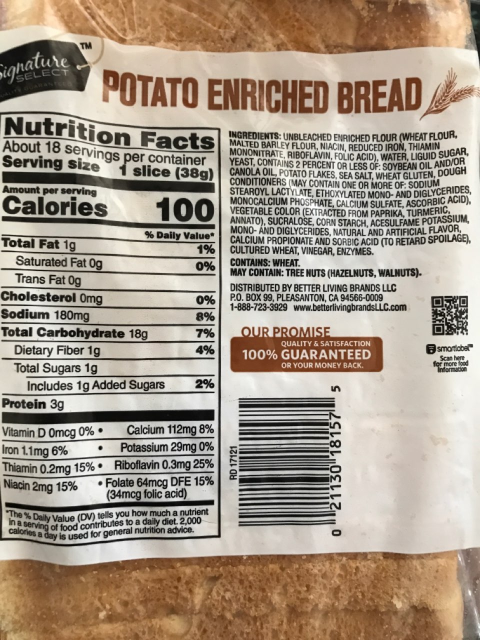 Signature Select Enriched Bread, Potato Calories, Nutrition Analysis
