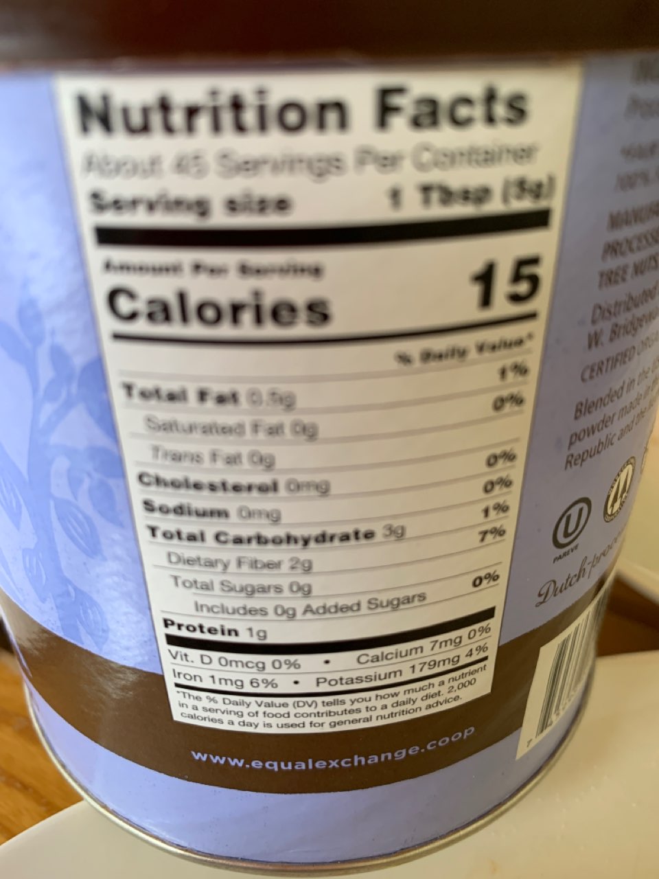 Equal Exchange Baking Cocoa, Organic Calories, Nutrition Analysis
