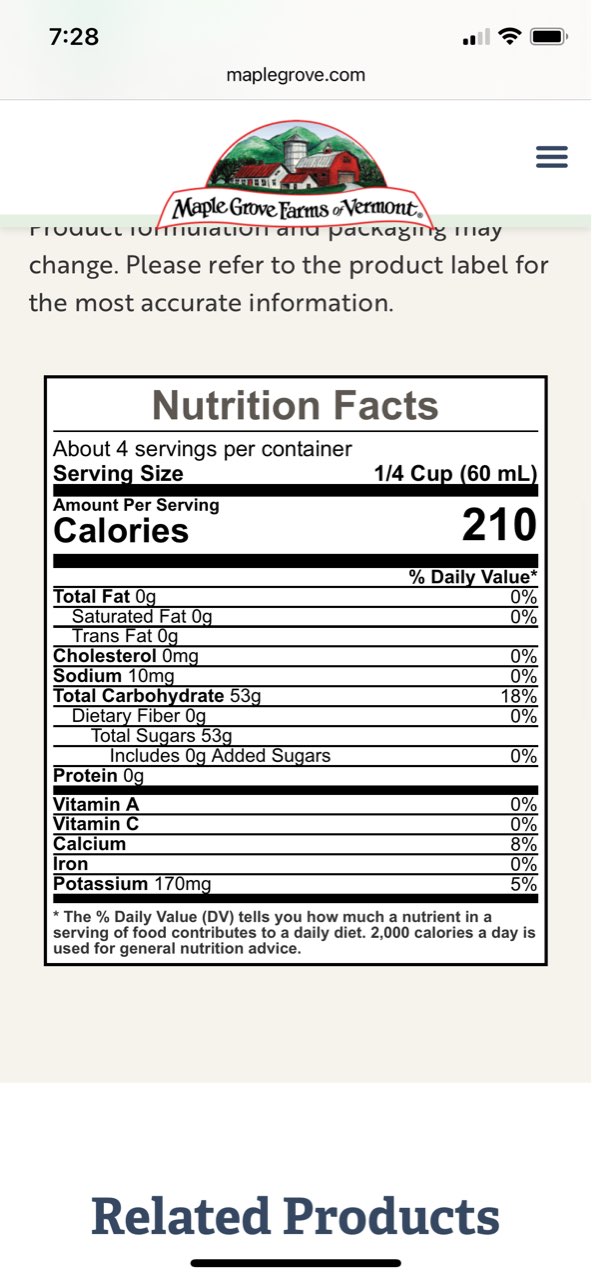 Maple Grove Farms of Vermont Pure Maple Syrup Calories, Nutrition