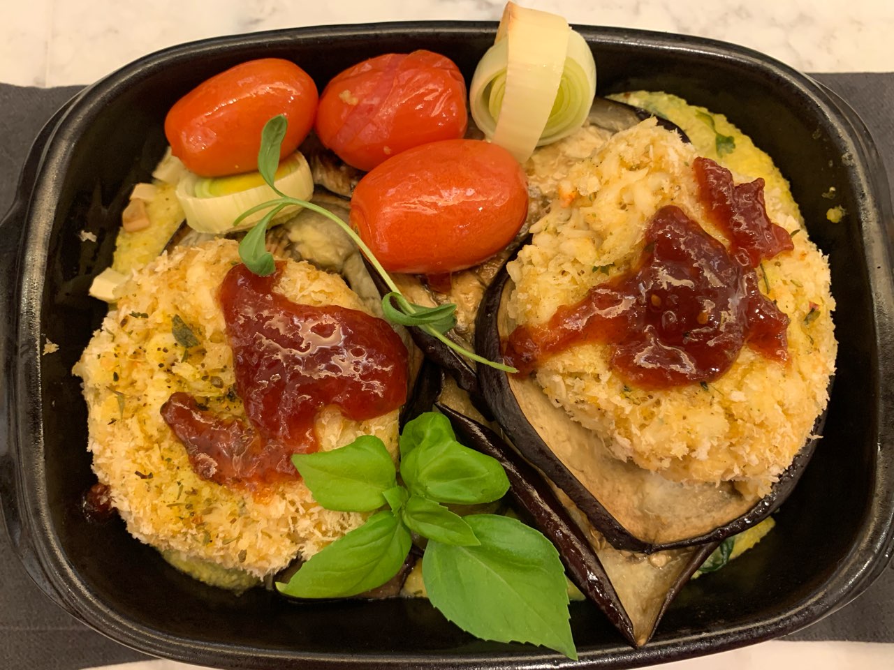 Crab cakes with polenta and roasted eggplant. So creamy and delicious