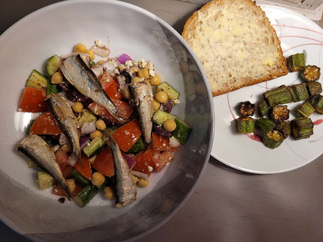 Lunch Greek salad with sardines, roasted okra in the airfryer, Dave's