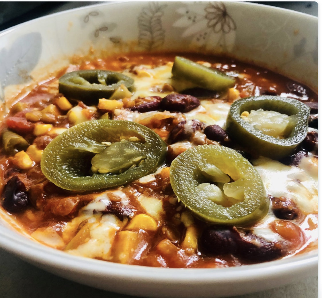 Lentil, veg and kidney bean chilli perfect for a cold day at home