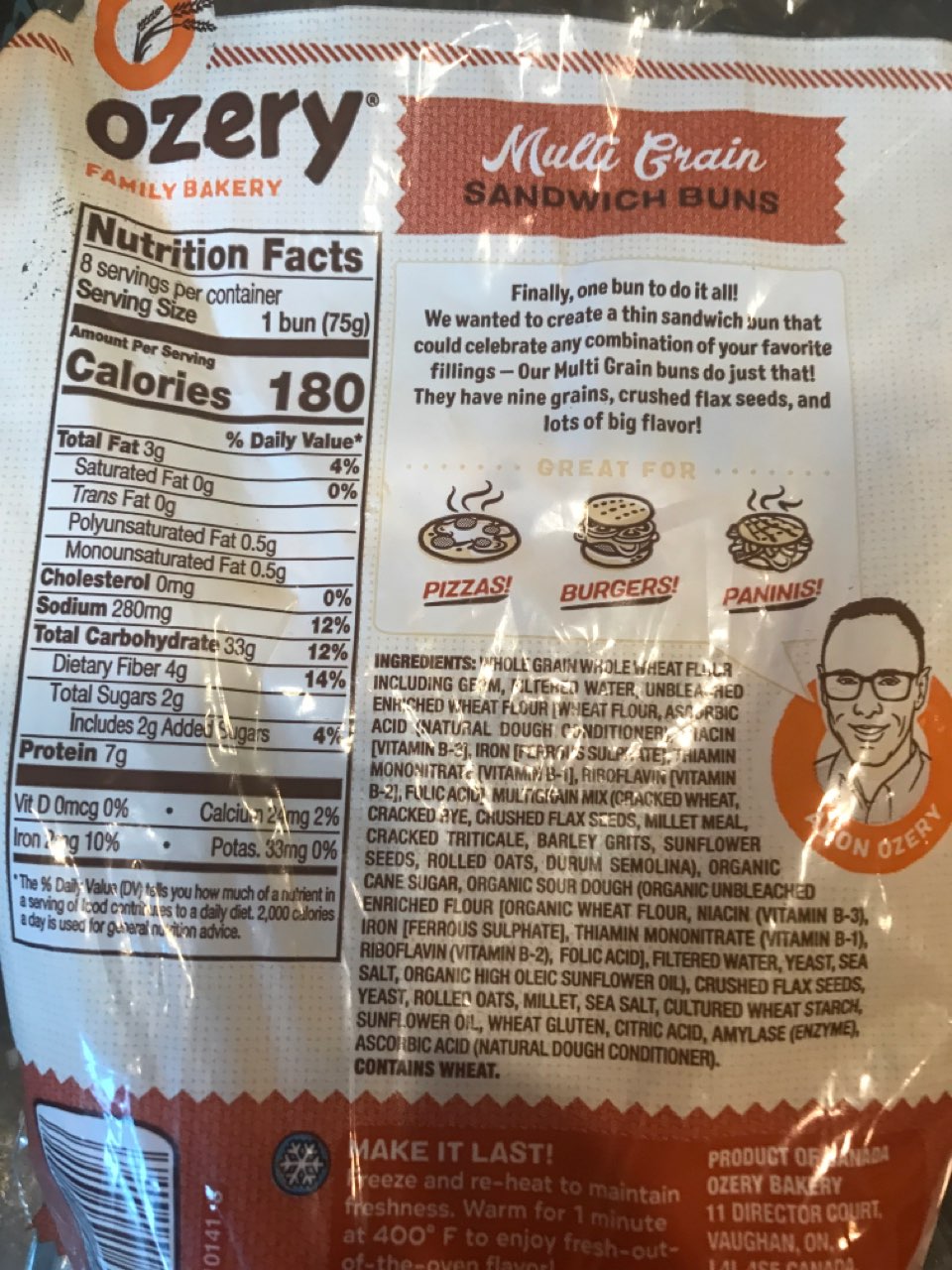 Ozery Family Bakery Sandwich Buns, The Onebun Calories, Nutrition