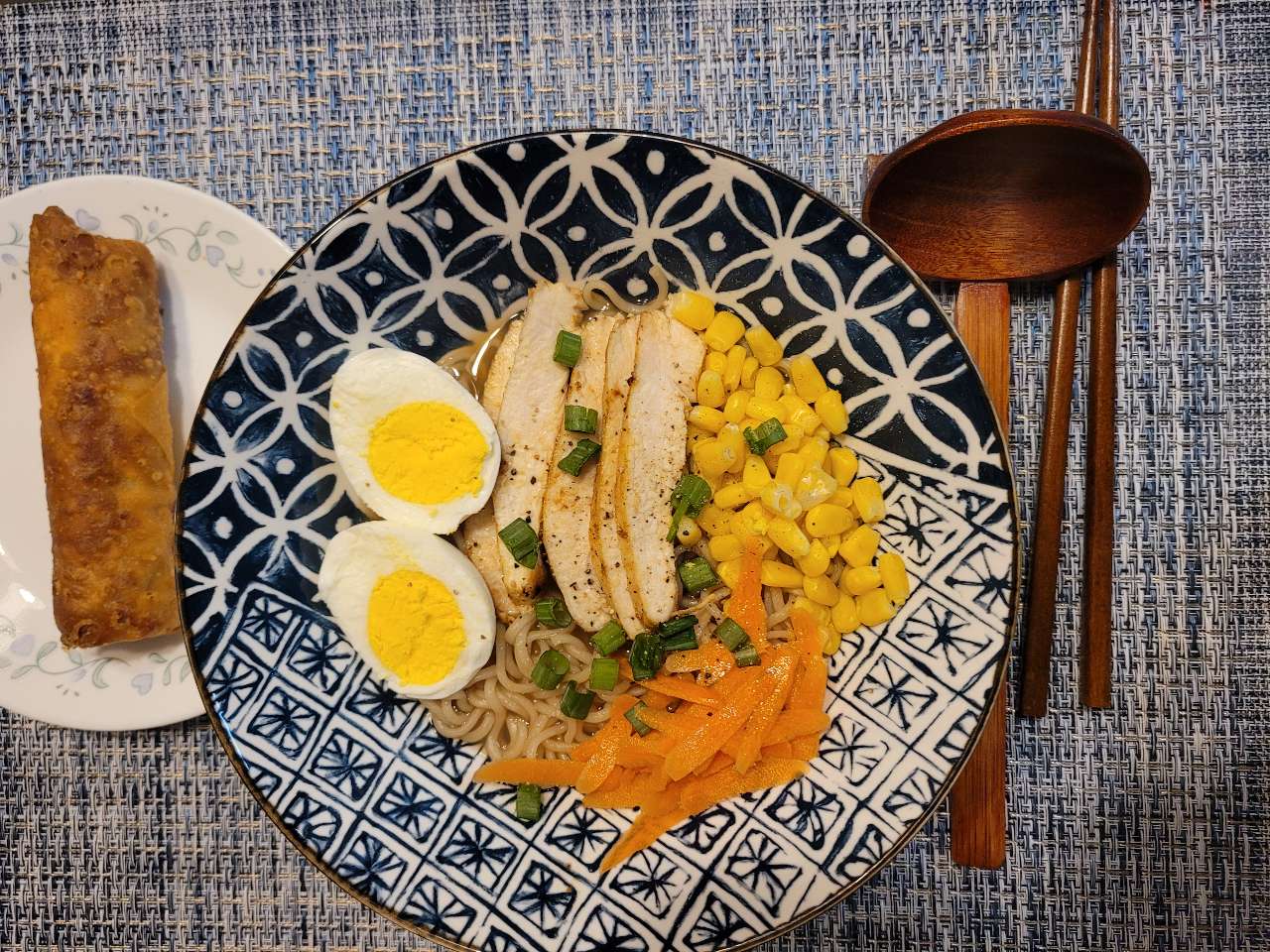 Dinner fast made ramen noodles. The eggroll is fried in EVOO, my air