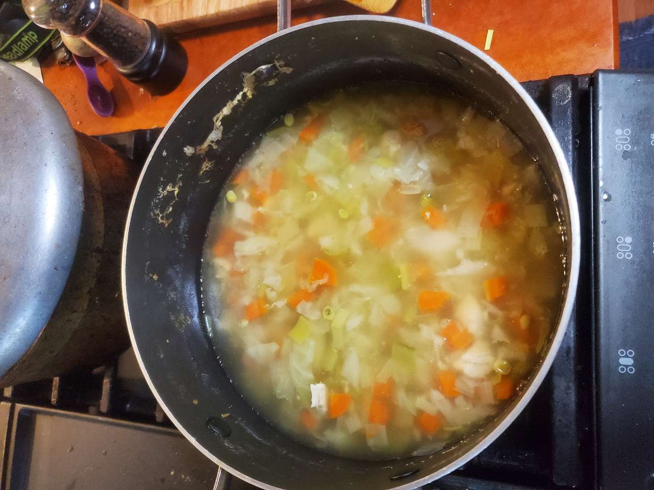 chicken cabbage soup, carrot, leeks, cabbage sweet peas chicken bullion