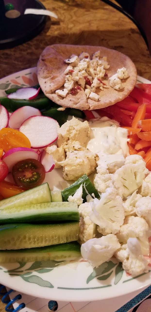 Veggies with hummus, Tzatziki, and feta cheese, and a low carb mini