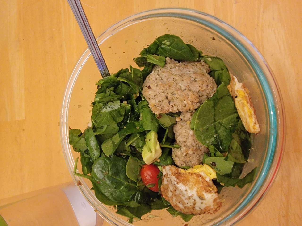 My Fave breakfast lately. Turkey Sausage on a mix of spinach, grape