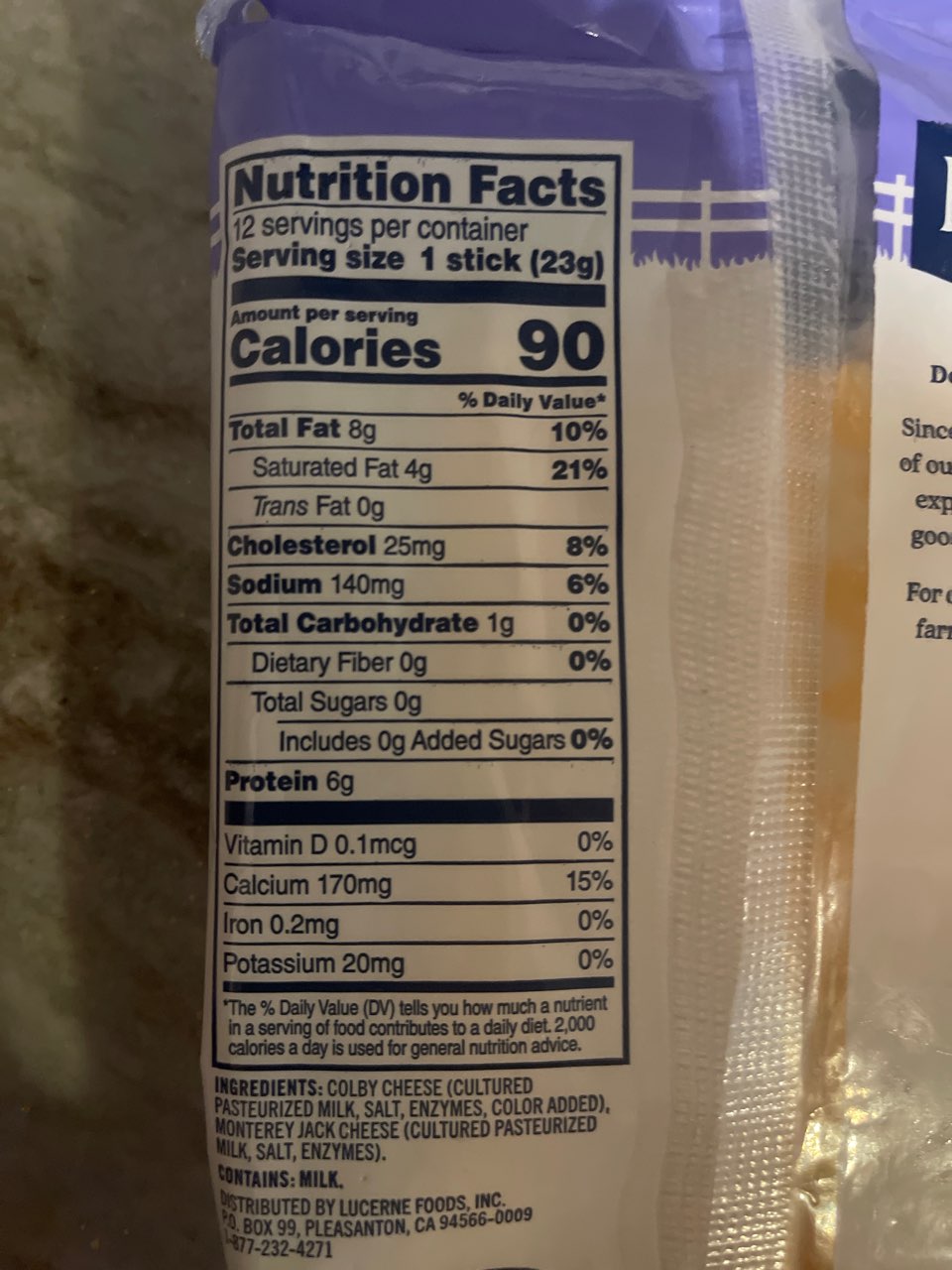 Lucerne Dairy Farms Natural Colby Jack Cheese Sticks Calories