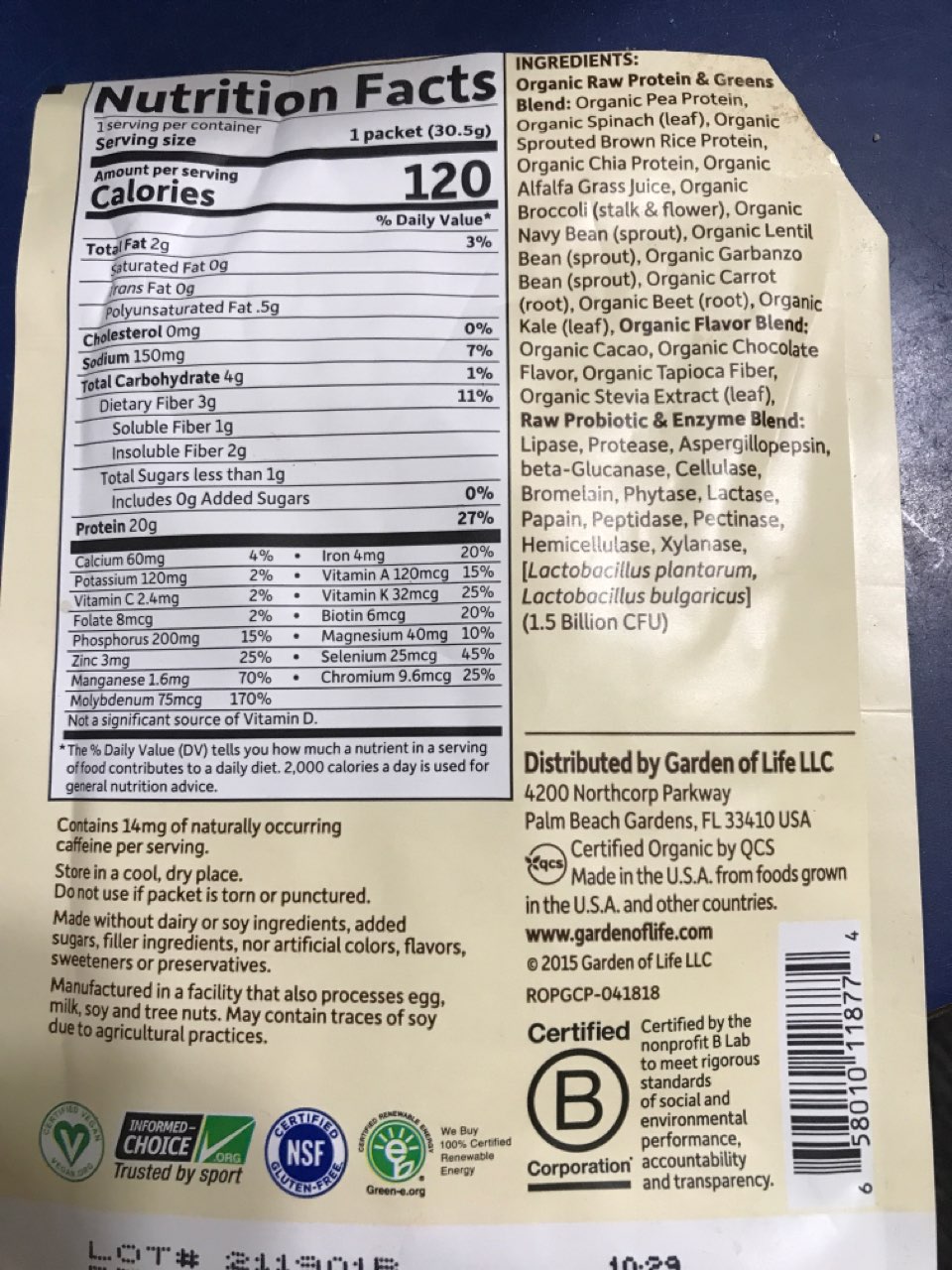 Garden Of Life Raw Protein And Greens, Organic Plant Formula Calories, Nutrition Analysis