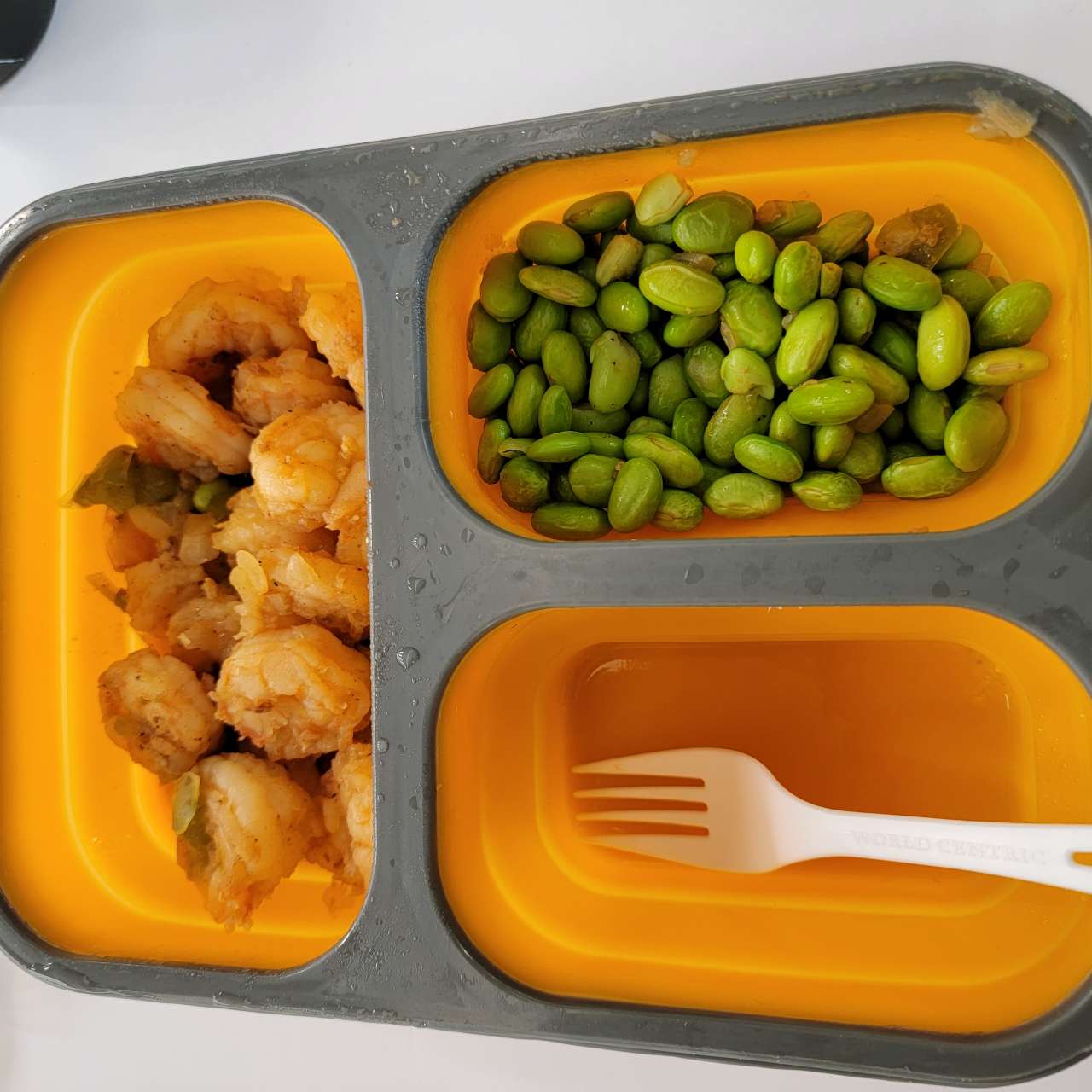 Shrimp yellow curry and steamed edamame. only consuming carbs around my