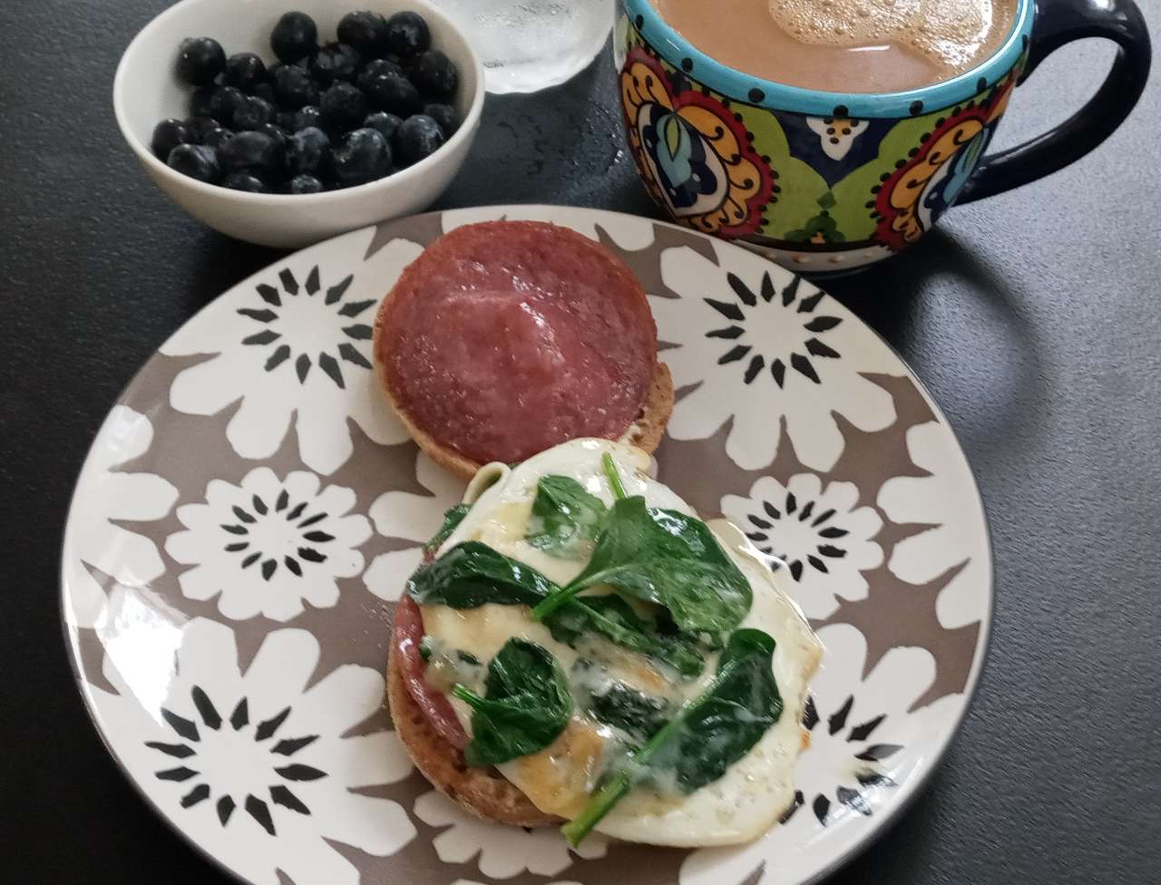 Brunch was coffee with salami, egg spinach and cheese on Dave's Killer