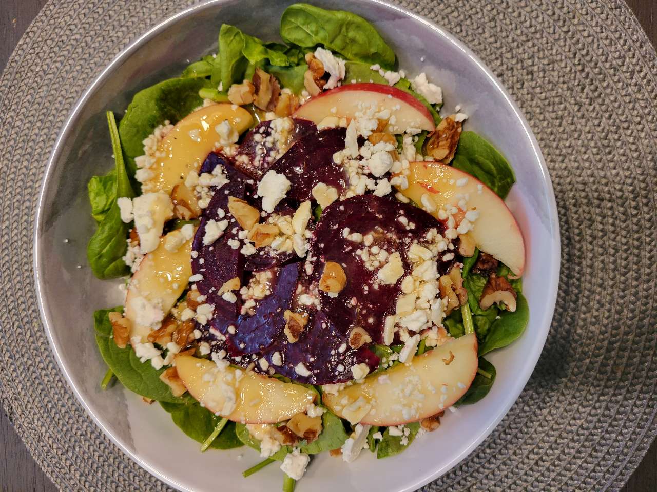 Lunch: apple beet feta cheese walnuts spinach salad with honey mustard ...