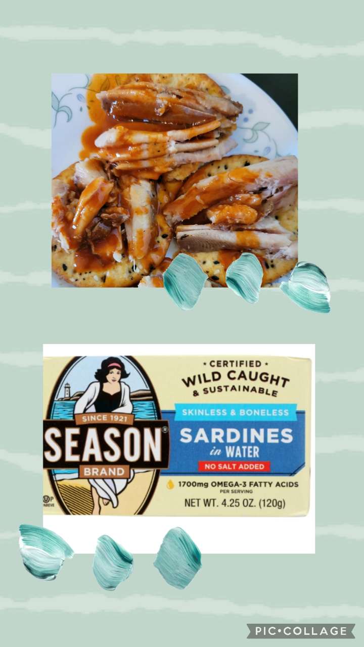 Snack today. Sardines with multigrain crackers and Louisiana hot sauce