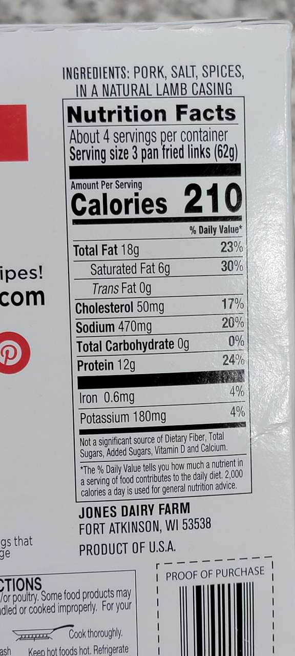 Jones Dairy Farm Little Pork Sausages Calories, Nutrition Analysis