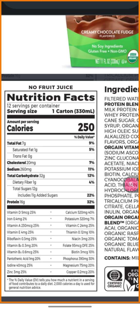 Orgain Nutritional Shake, Organic Nutrition, Creamy Chocolate Fudge Calories, Nutrition