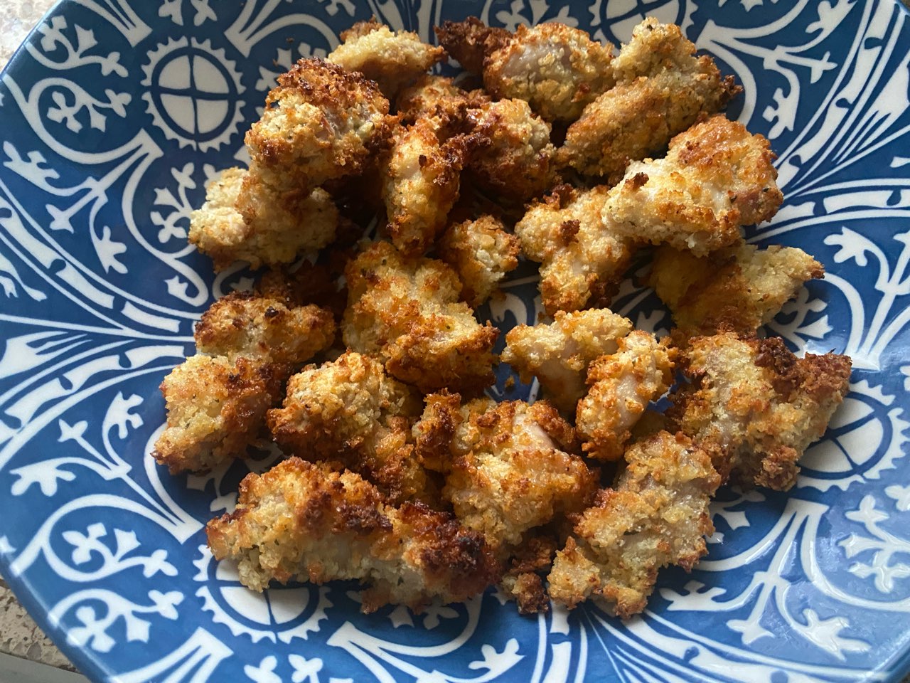 Air fried popcorn chicken made from scratch! I used thighs. There is