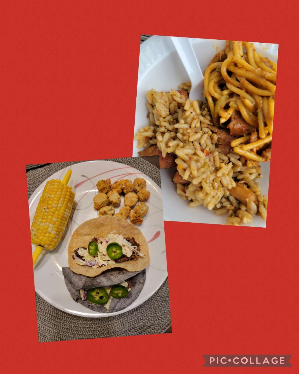 L The jambalaya and pastalaya at the church picnic. D lamb tacos