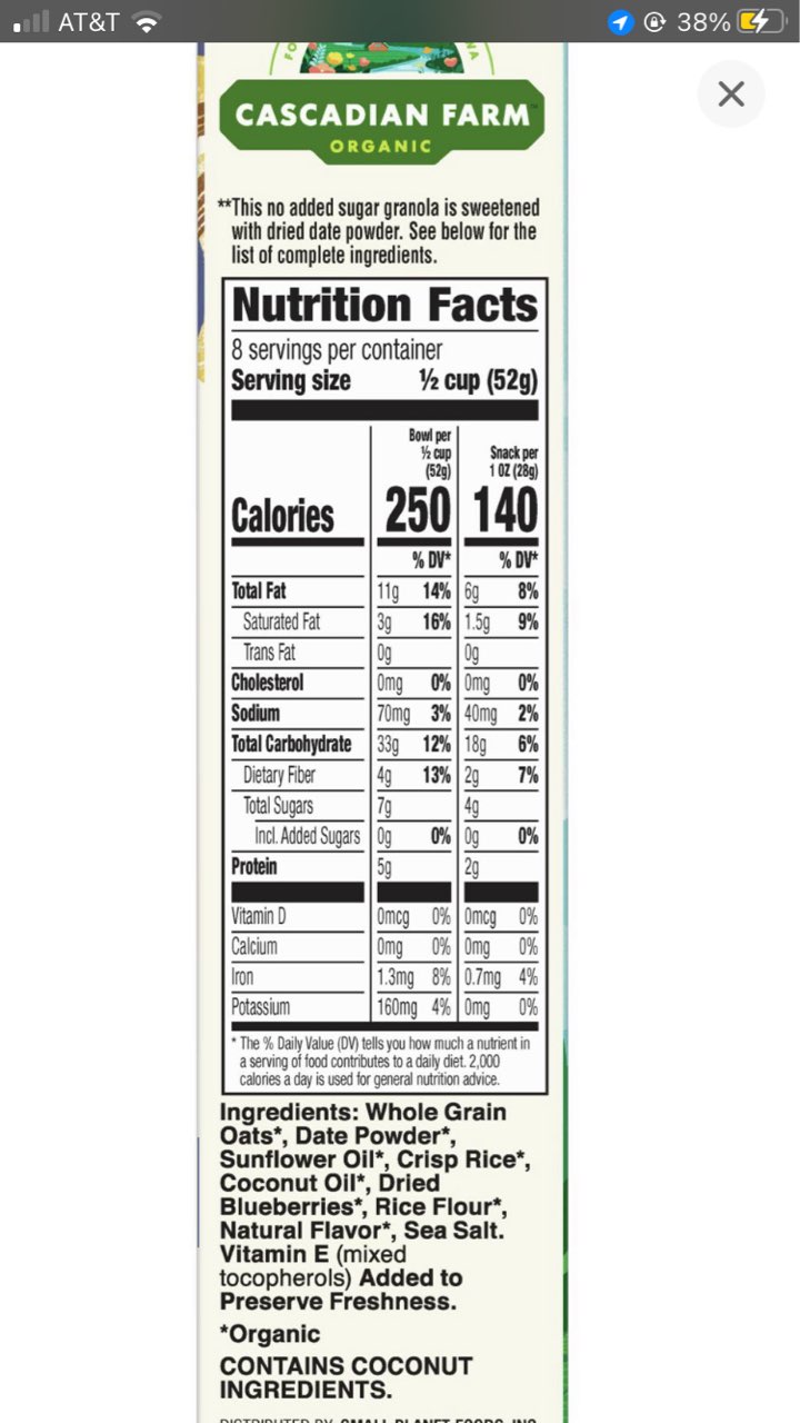 Cascadian Farm Granola, Blueberry Vanilla, Organic Calories, Nutrition