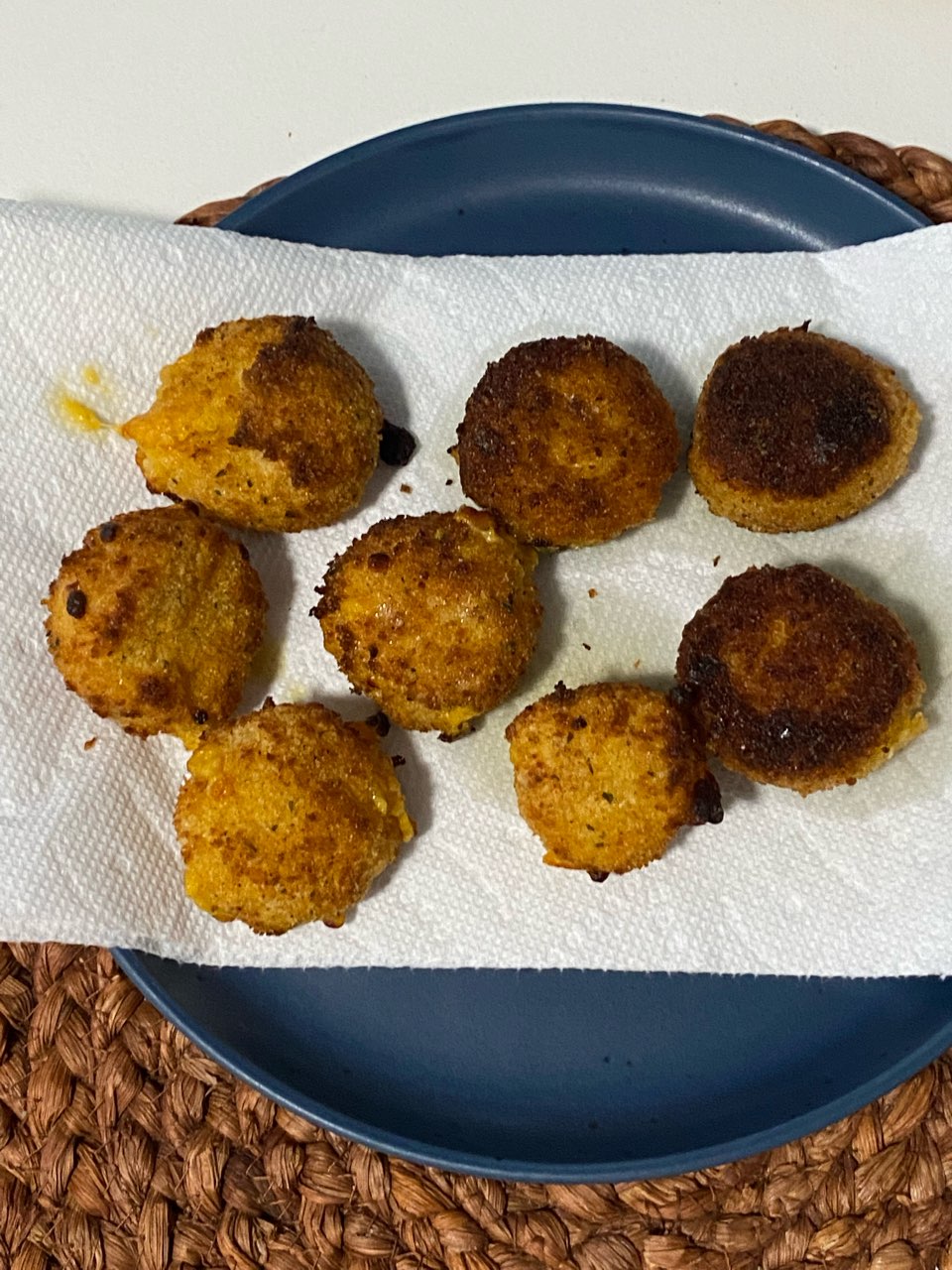 Homemade fried (in ghee) and air fried mac n cheese balls. Air fried is